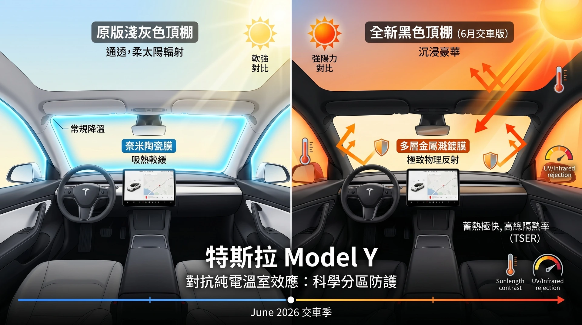 特斯拉 Model Y：全新黑色頂棚差異解析與隔熱紙推薦指南
