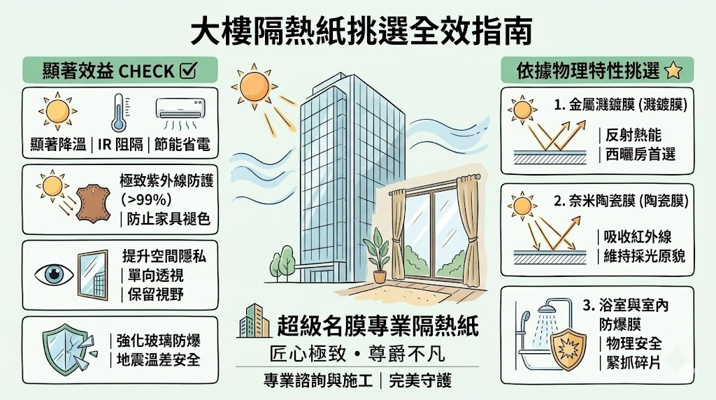 大樓隔熱紙怎麼挑？居家與商辦玻璃防曬、節能與防爆全效指南